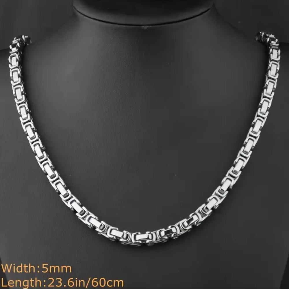 Men’s Byzantine 304L Stainless Steel Chunky Silver 5mm Chain Link Necklace - Picture 10 of 12